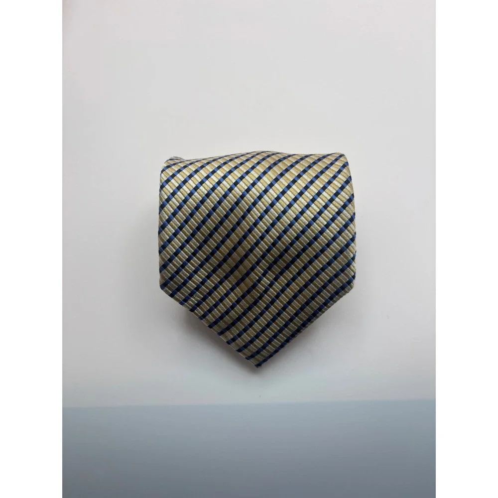 Valerio Garati Men Gold Blue Striped Pure Silk Handmade Necktie Tie